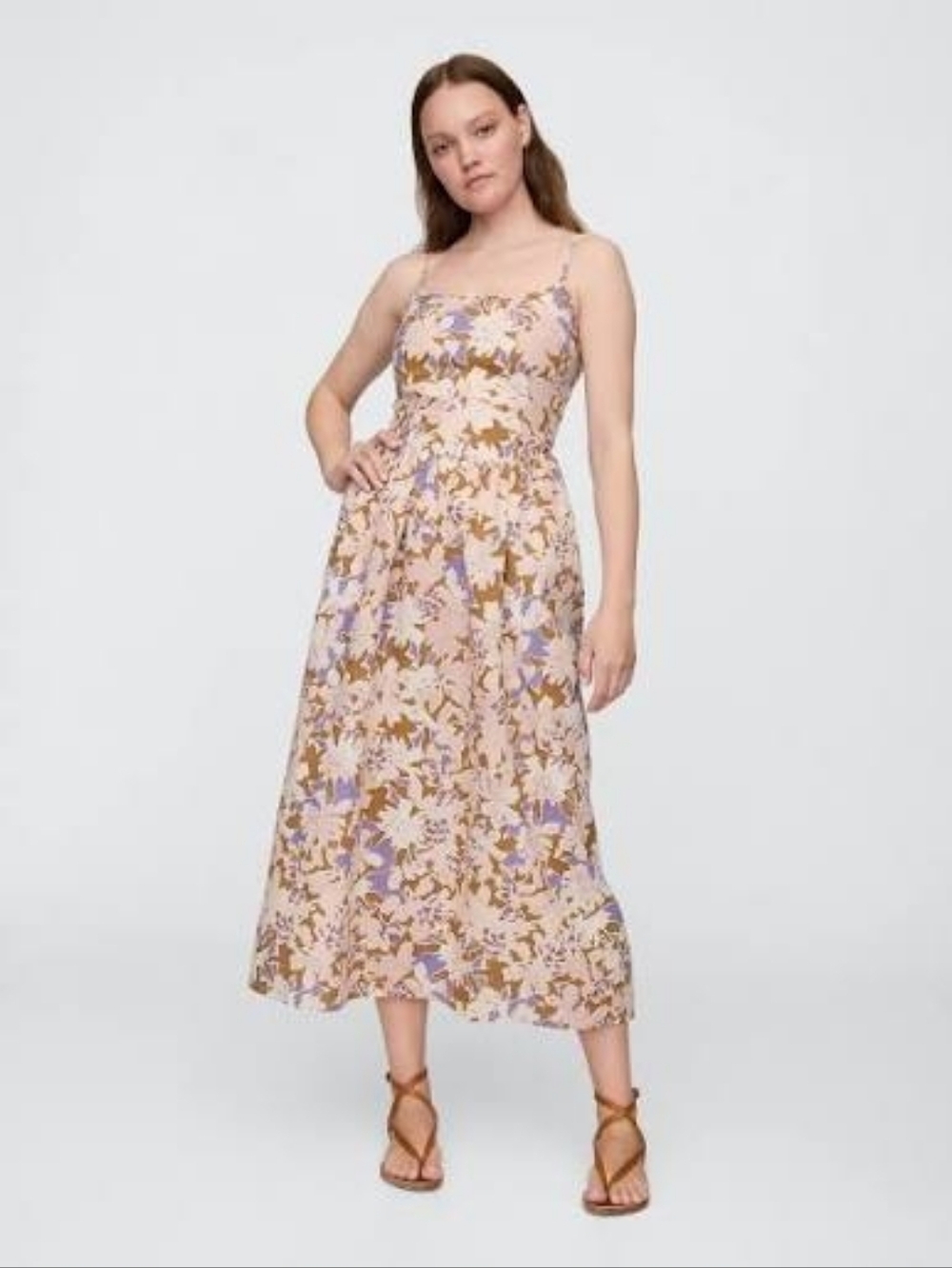 Gap Linen-Blend Dip-Waist Midi Dress Light Pink Floral